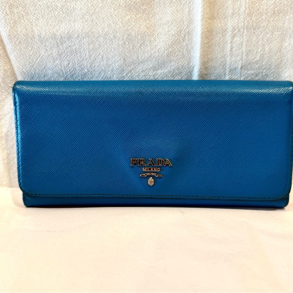 Authentic Prada Blue Saffiano Luxury Leather Flap Continental Wallet